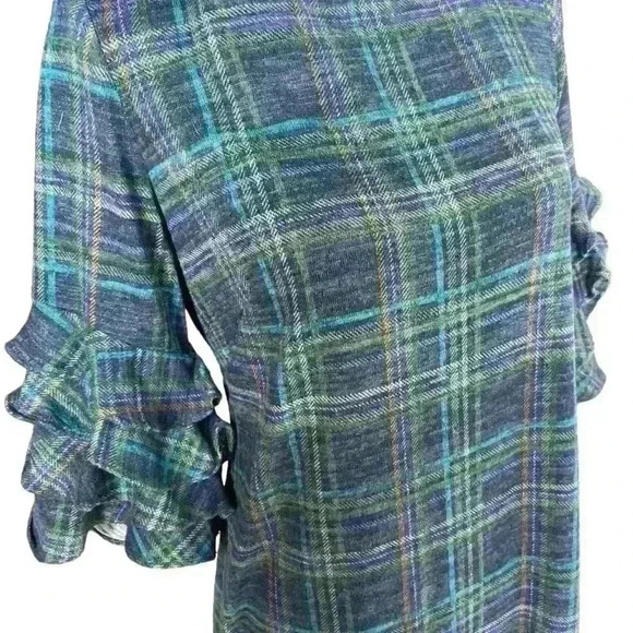 Gabby Skye Shift Dress Navy Size 6 Violet Plaid Ruffle Sleeves Cozy Fall Career - Picture 3 of 16
